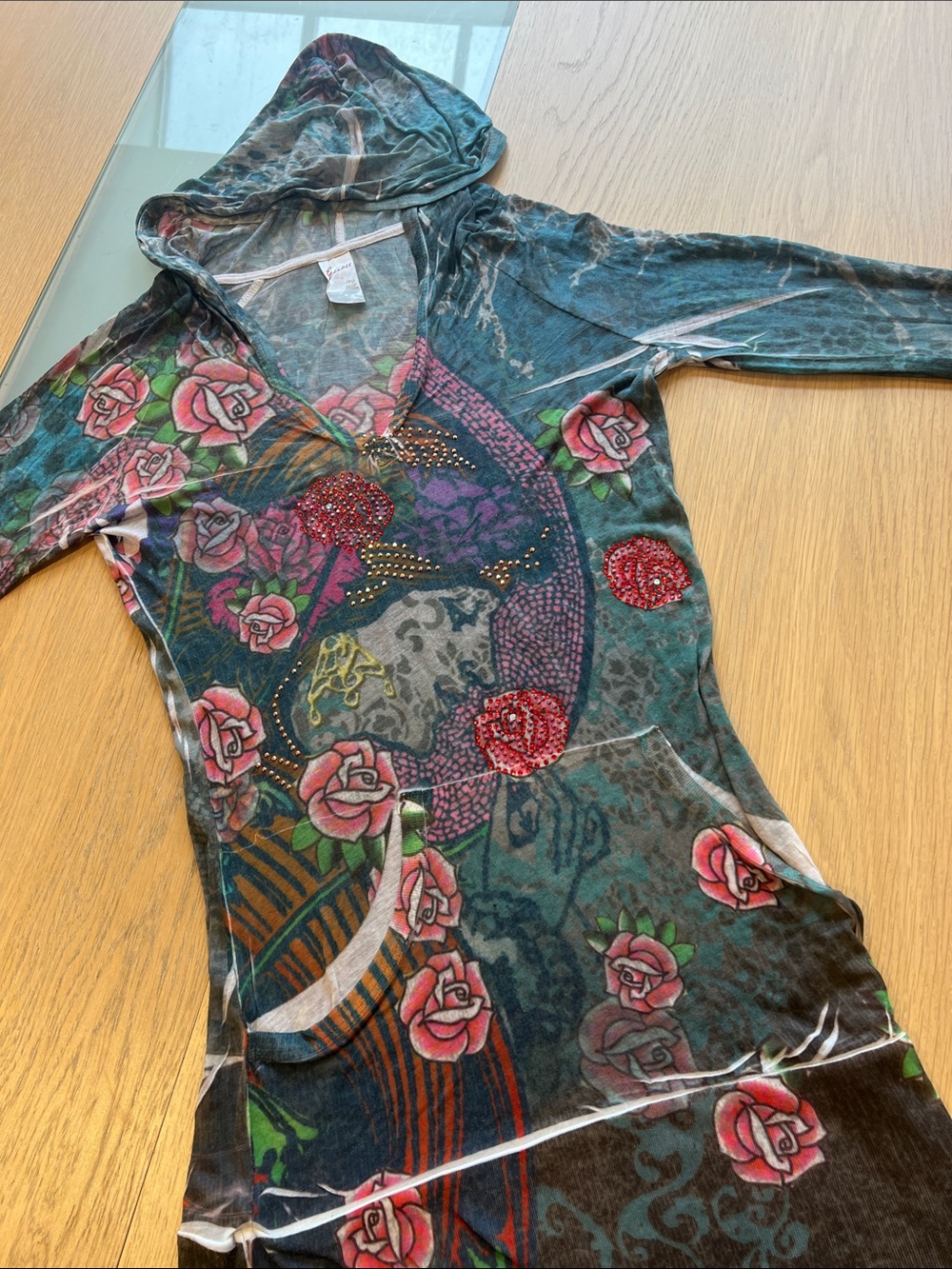 Vintage Y2K Guess Floral Embellished Hooded Tunic Top - Teal & Pink